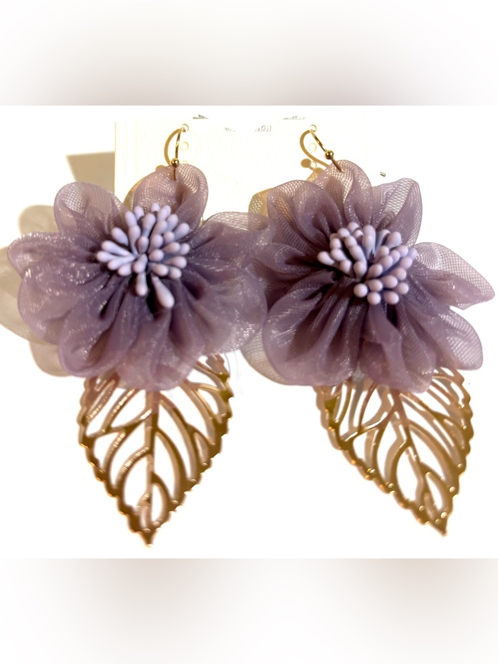 Lavender Floral Drop Earrings with Gold Leaf Dangles